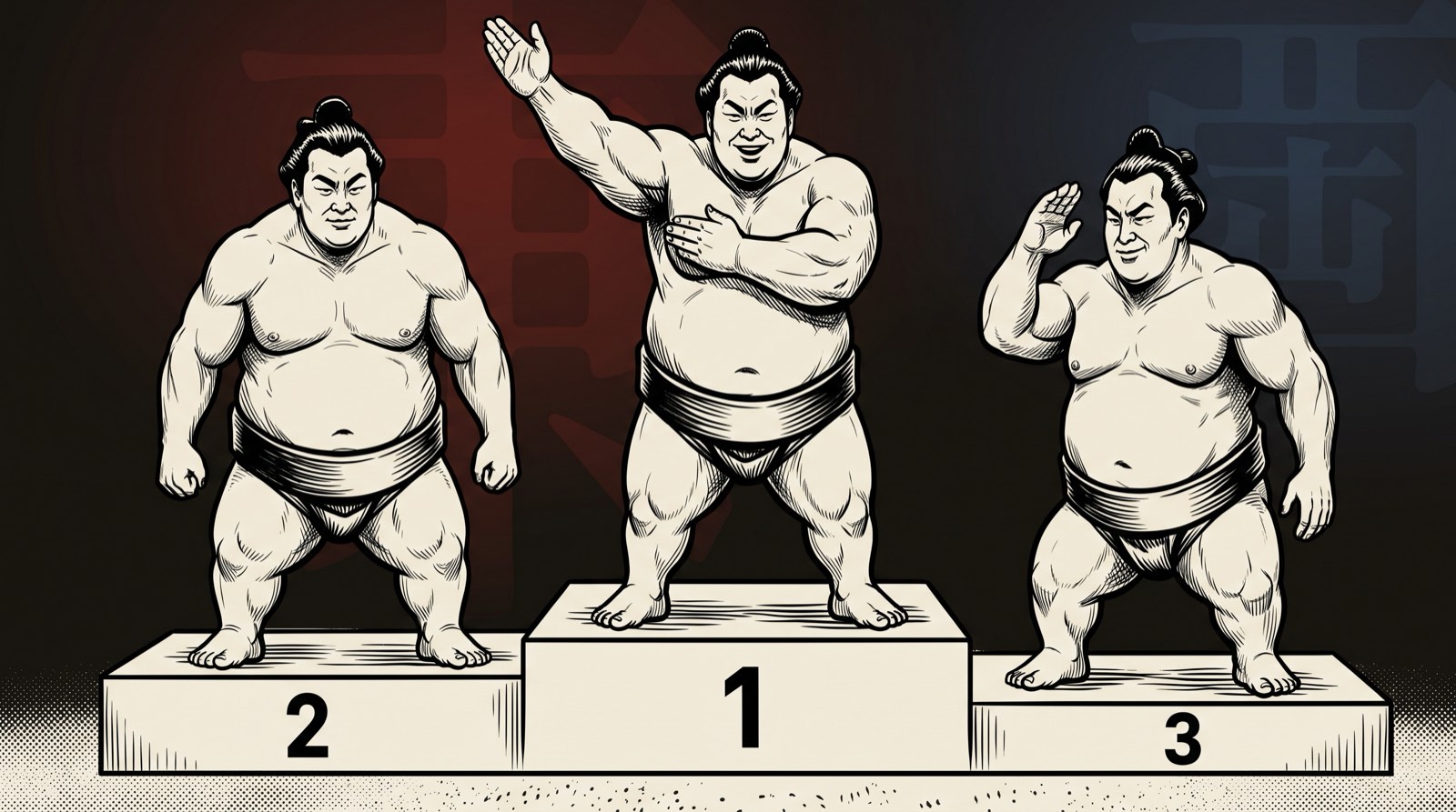 Three sumo wrestlers on a podium, the winner in the middle.